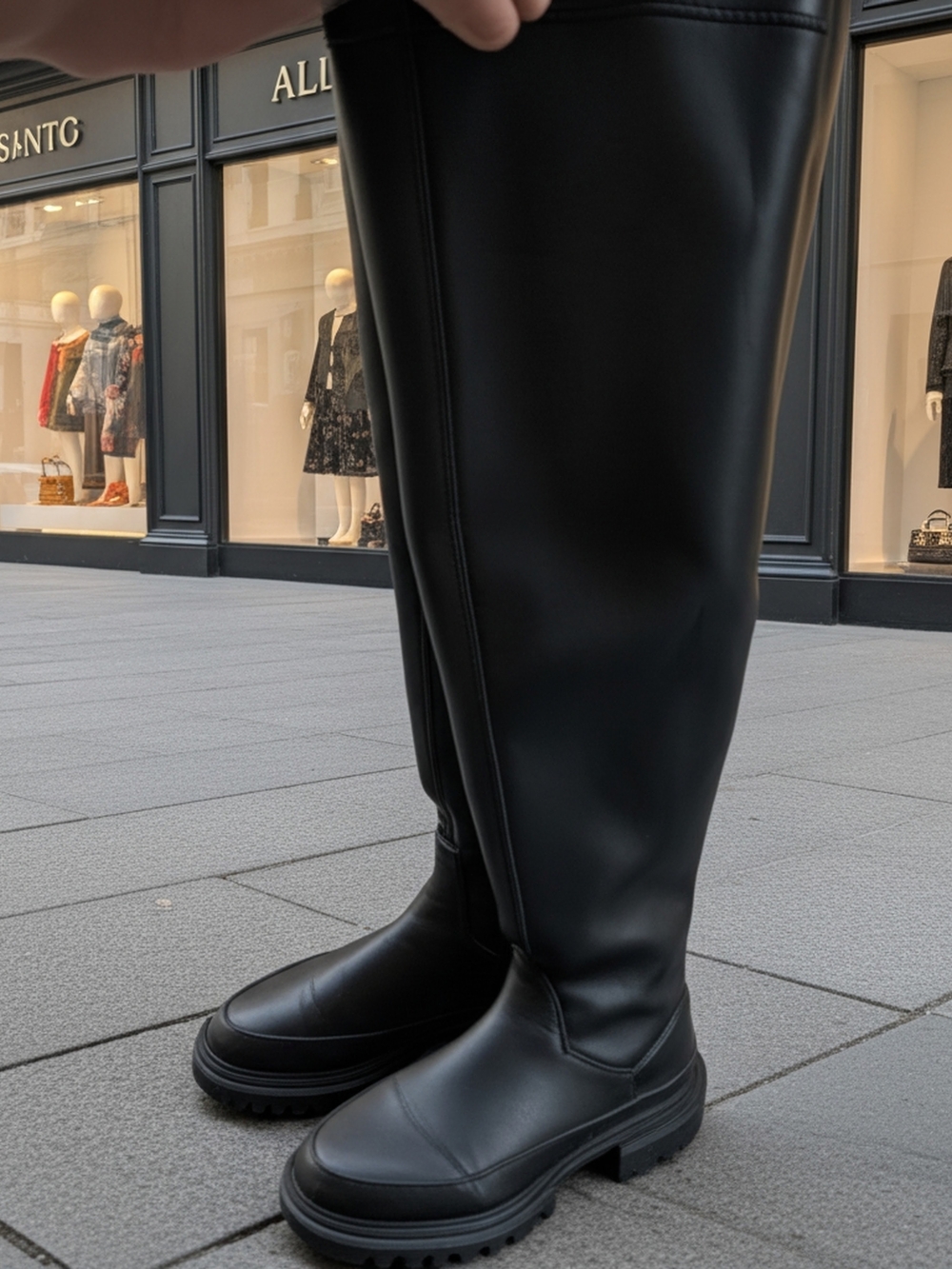 AllSaints Leona Black Leathee Over-The-Knee Lug-Sole Boots SZ 8
